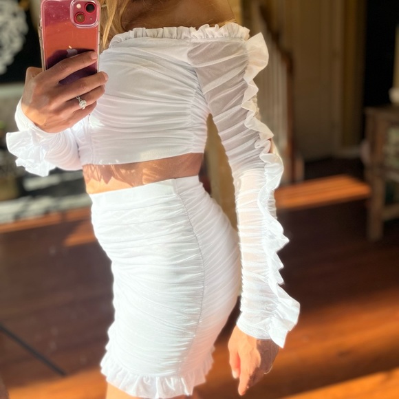 White Ruched & Ruffled Skirt Set by Fashion Nova - Picture 6 of 12